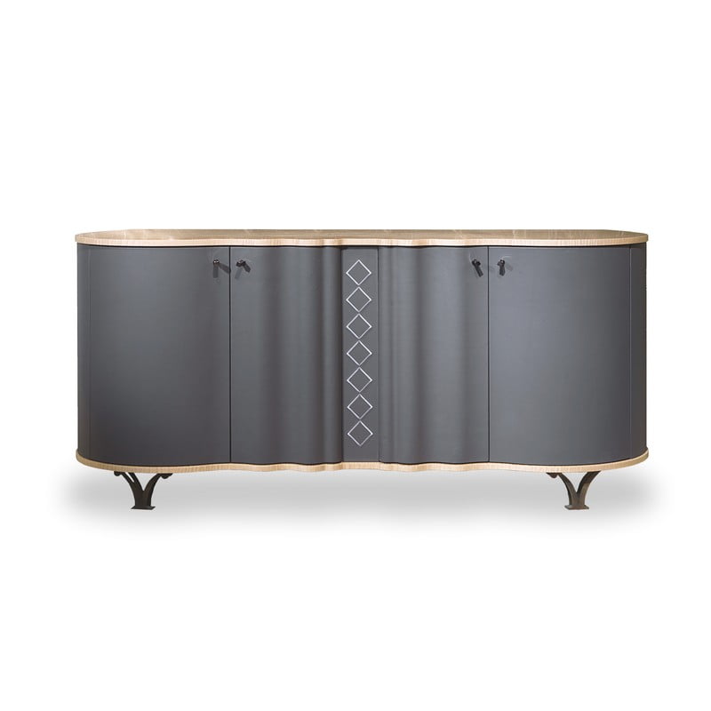 Credenza alta Mistral rivestita in pelle con top in Sicomoro